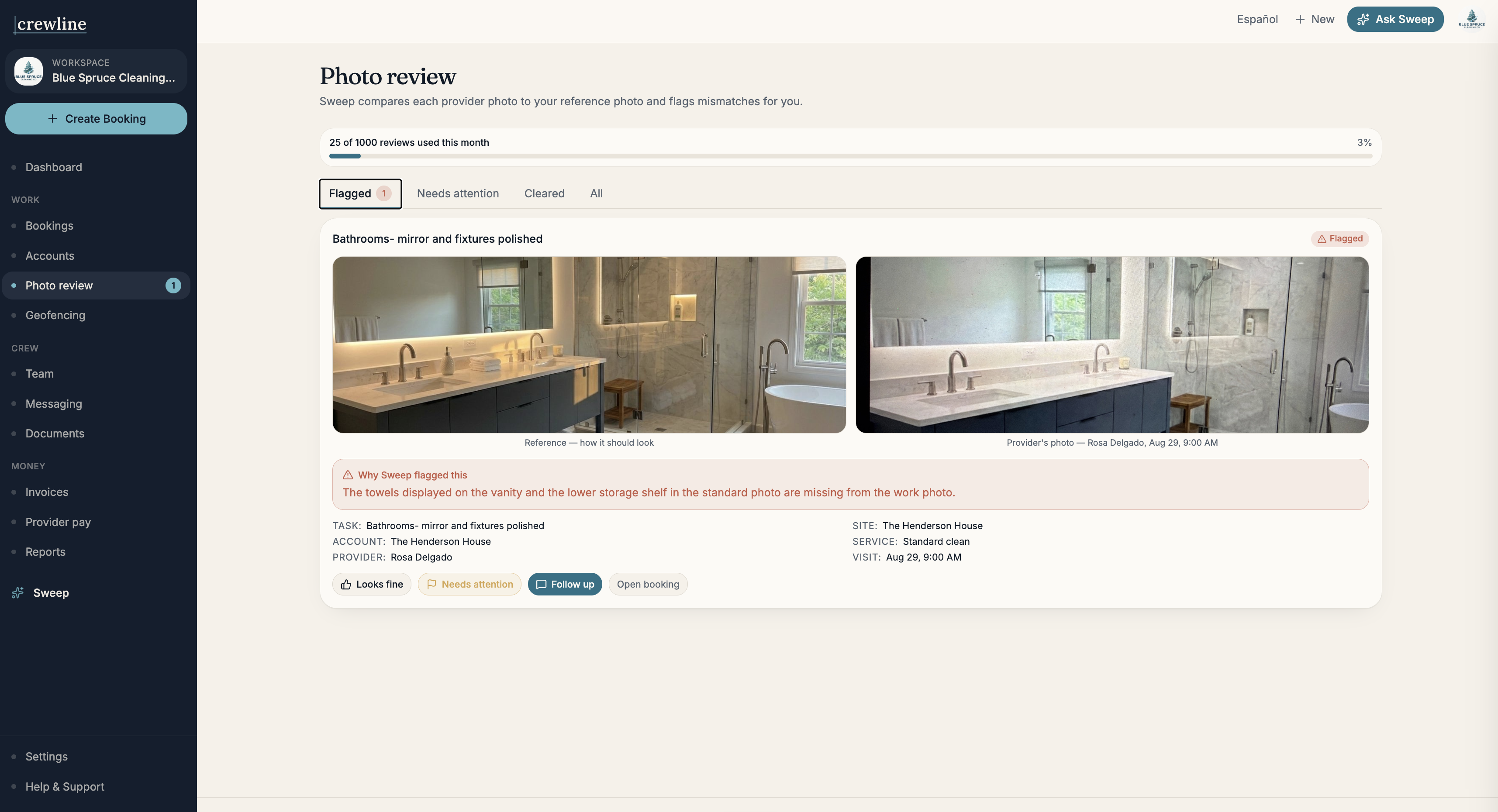 Authentic Crewline Photo review page for Blue Spruce Cleaning